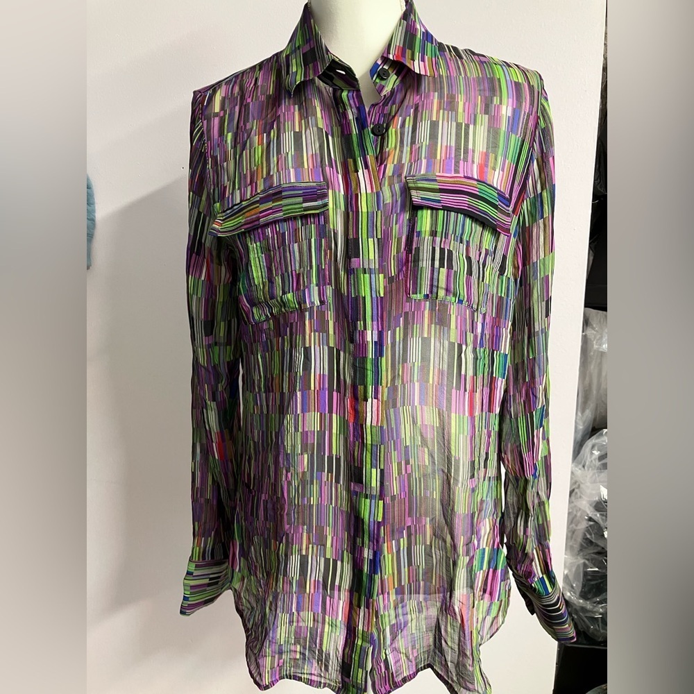 Women’s Long Sleeve Silk Blouse, Small, Multicolored Stripes, by Worth New York